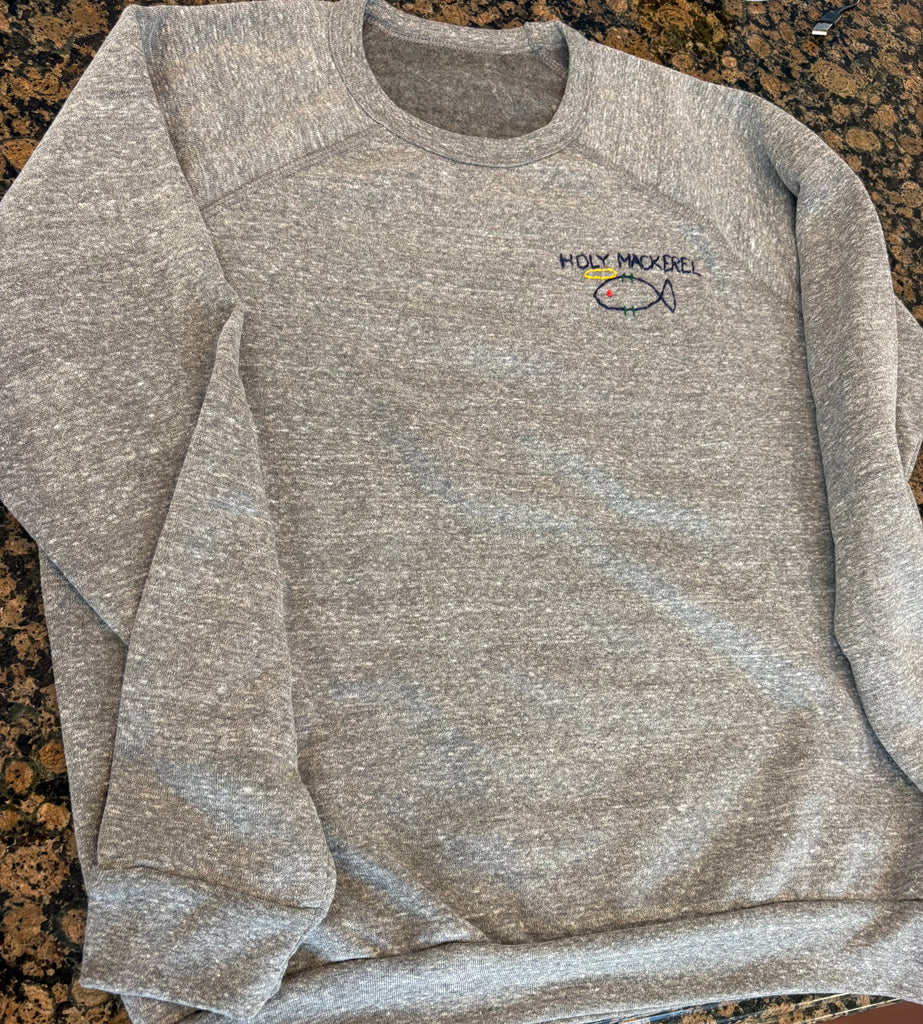 Hand Embroidered HOLY MACKEREL Long Sleeve Fleece Sweatshirt