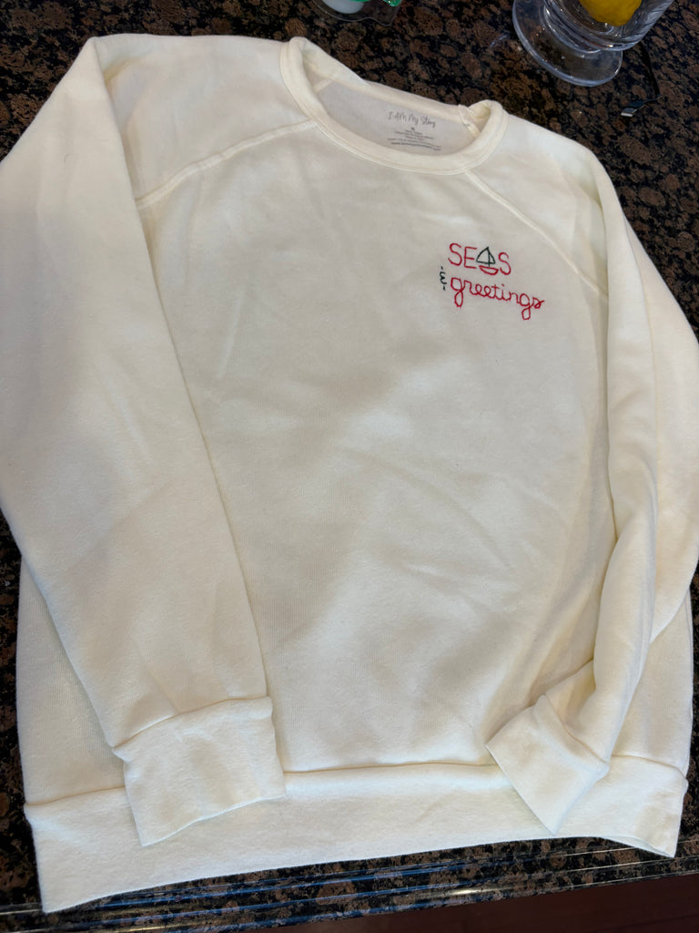 Hand Embroidered SEAS AND GREETINGS Long Sleeve Fleece Sweatshirt