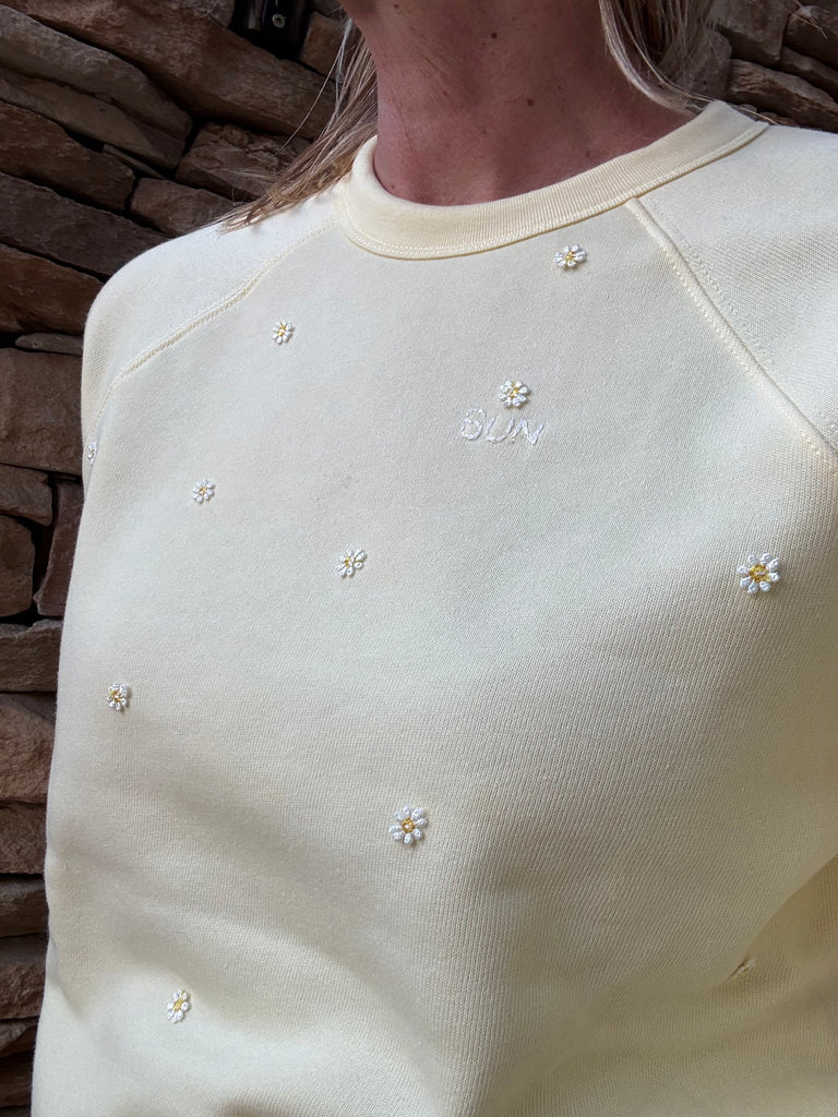 Hand Embroidered SUN with Daisy theme Fleece Sweatshirt