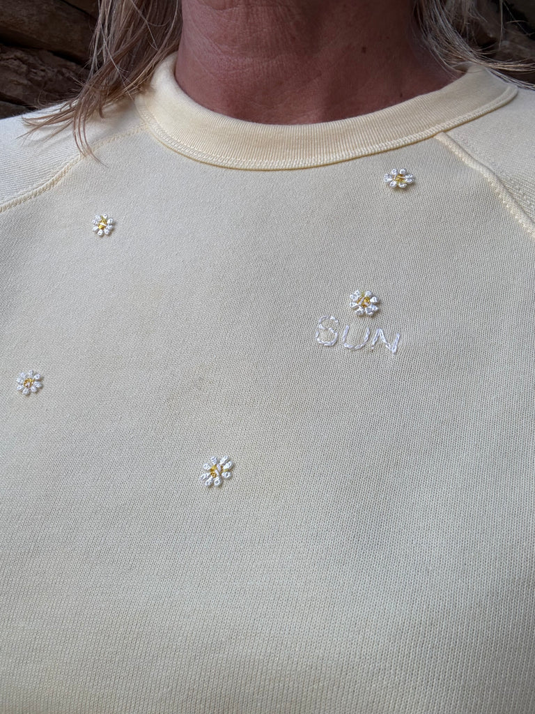 Hand Embroidered SUN with Daisy theme Fleece Sweatshirt