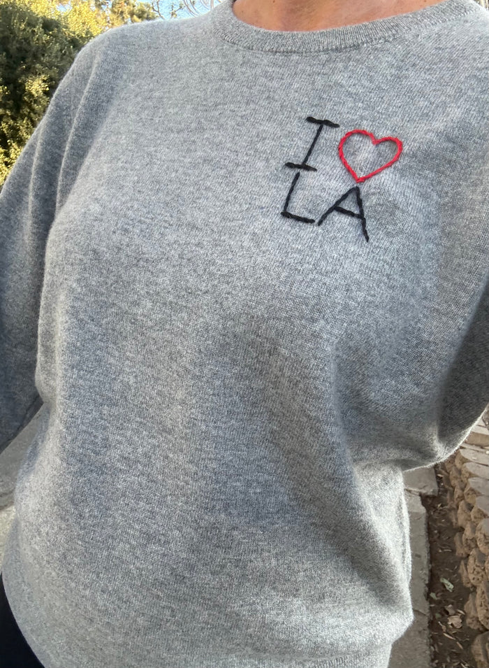 I Love LA Long Sleeve HAND EMBROIDERED WOMENS French Terry Crew