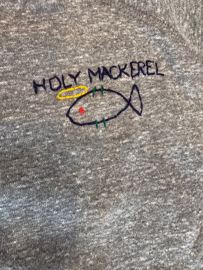 Hand Embroidered HOLY MACKEREL Long Sleeve Fleece Sweatshirt