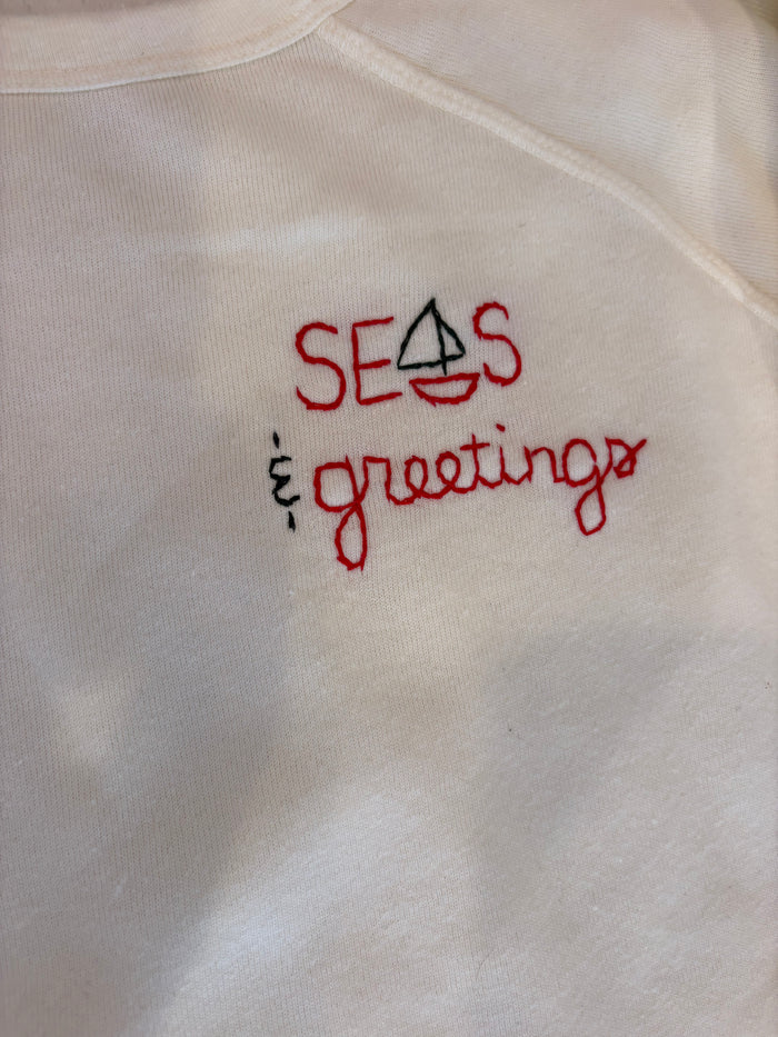 Hand Embroidered SEAS AND GREETINGS Long Sleeve Fleece Sweatshirt