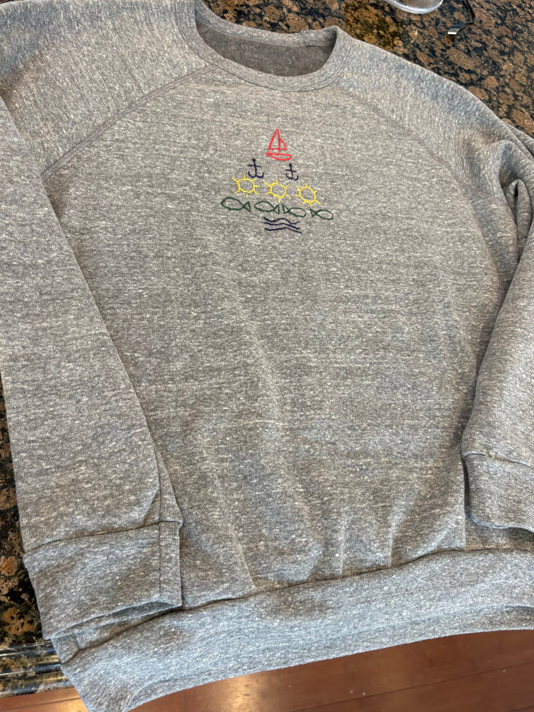 Hand Embroidered BEACH ICON TREE Long Sleeve Fleece Sweatshirt