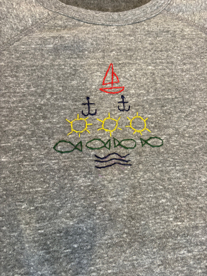 Hand Embroidered BEACH ICON TREE Long Sleeve Fleece Sweatshirt
