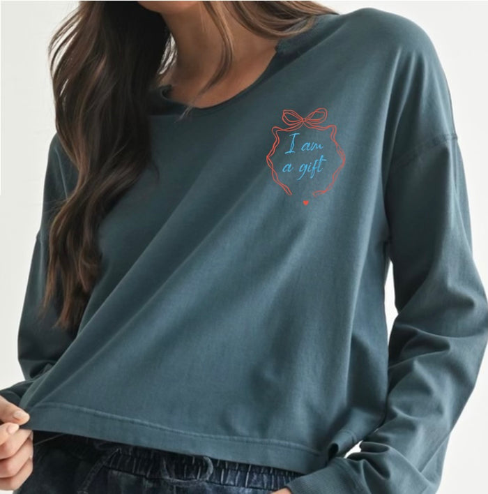 Women's I AM A GIFT Long Sleeve Pima slit neck Tee
